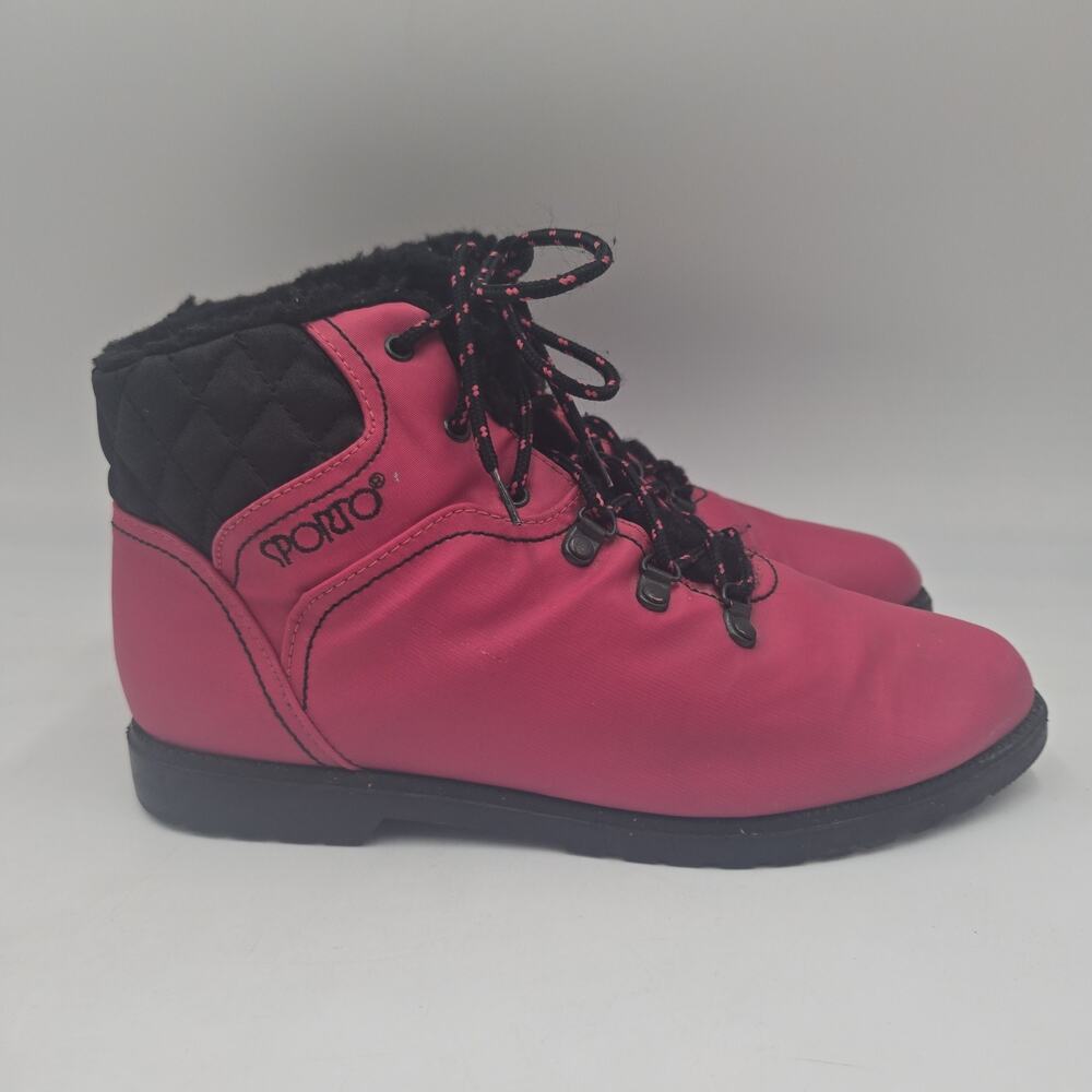 Vintage 80s 90s Sporto Womens Hiking Boots Hot Pink Nylon Sherpa Ankle 10 M